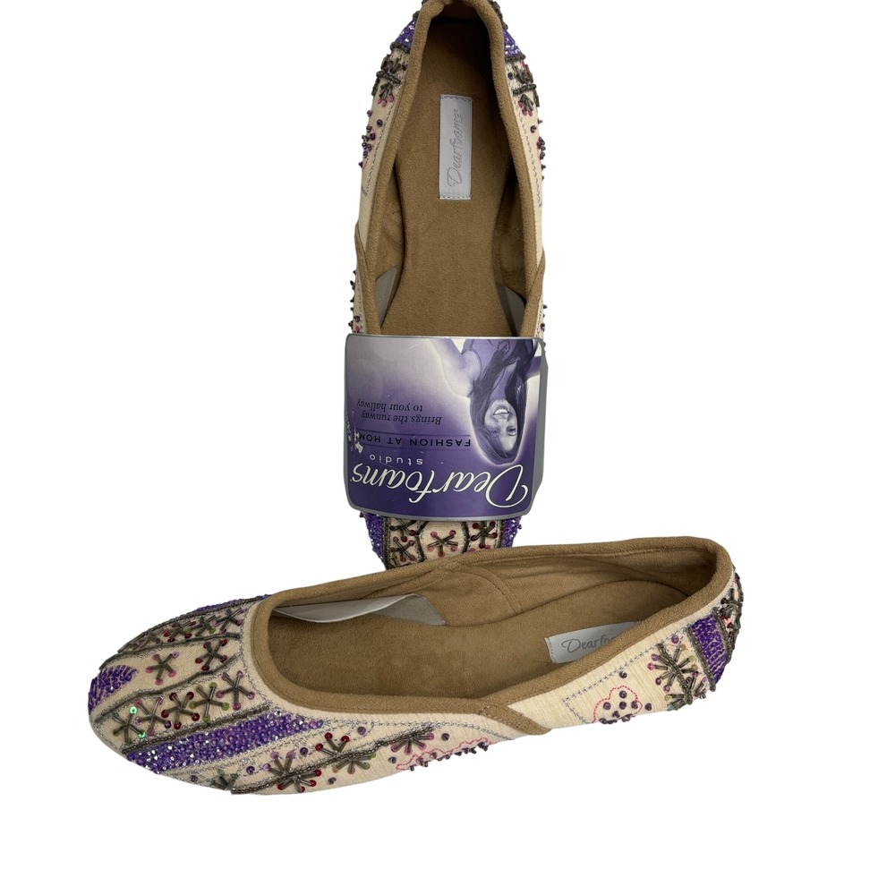 Dearfoams Studio Slippers Embellished Beaded Boho Flats Cream‎ Purple Size 8